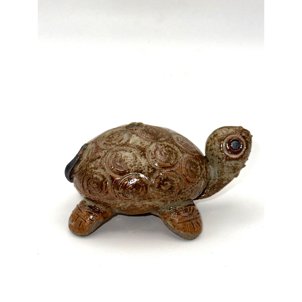 Vintage Studio Pottery Turtle‎ Figurine Signed Earthy Brown Glazed Ceramic 2.75"